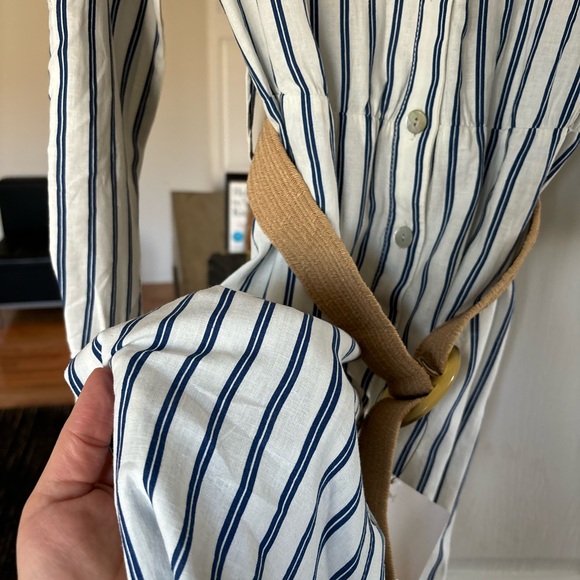 Zara Linen blend navy Striped Button-Down Dress with Belt - Picture 7 of 12